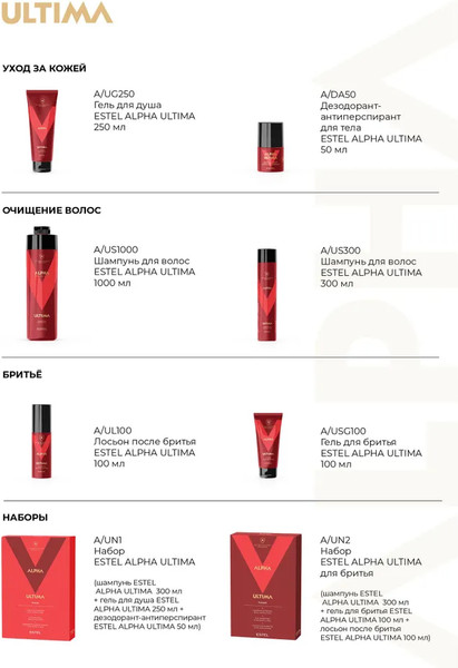 Изображение товара Набор косметики для тела и волос Estel Alpha Ultima Шампунь 300мл+Гель 250мл+Дезодорант 50мл