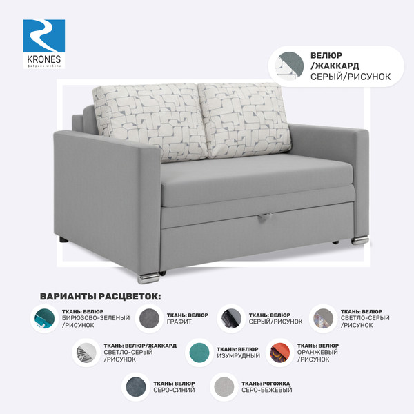 Изображение товара Диван KRONES Афродита 195x140 (велюр/жаккард серый/рисунок молочно-серый)