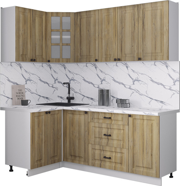 Изображение товара Кухонный гарнитур Интерлиния Мила Деко 1.2x2.0 (дуб вотан/дуб вотан/белый гранит)