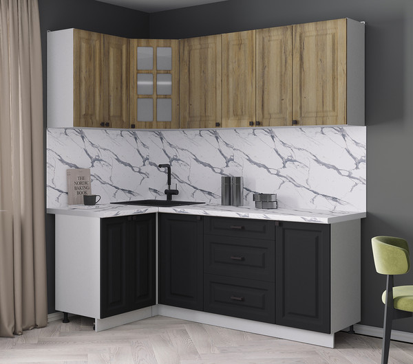 Изображение товара Кухонный гарнитур Интерлиния Мила Деко 1.2x2.0 (черный/дуб вотан/белый гранит)