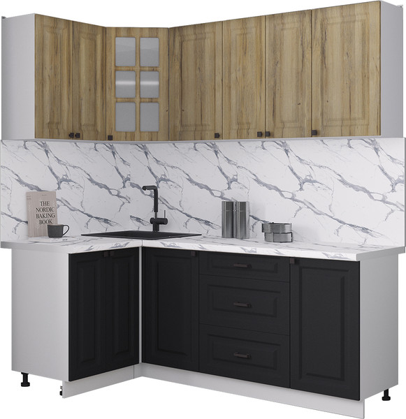 Изображение товара Кухонный гарнитур Интерлиния Мила Деко 1.2x2.0 (черный/дуб вотан/белый гранит)