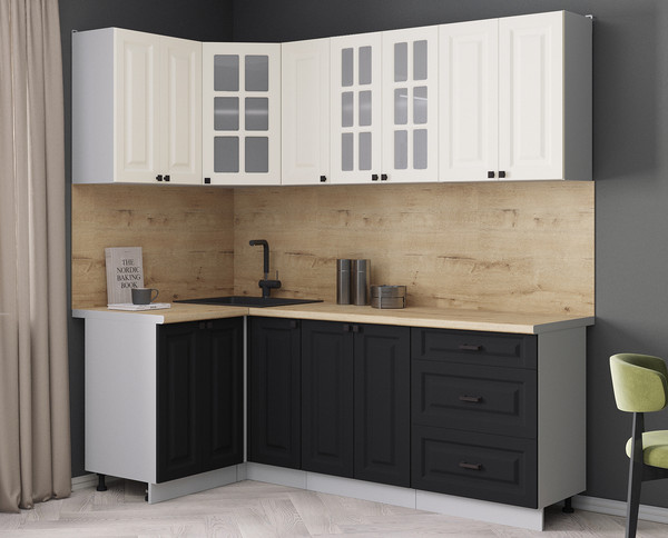 Изображение товара Кухонный гарнитур Интерлиния Мила Деко 1.2x2.1 (черный/белый/дуб бунратти)