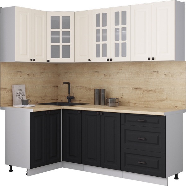 Изображение товара Кухонный гарнитур Интерлиния Мила Деко 1.2x2.1 (черный/белый/дуб бунратти)