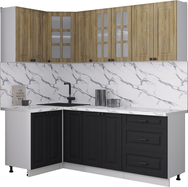 Изображение товара Кухонный гарнитур Интерлиния Мила Деко 1.2x2.1 (черный/дуб вотан/белый гранит)