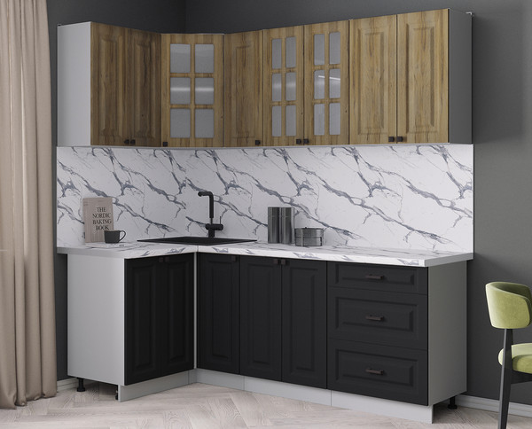 Изображение товара Кухонный гарнитур Интерлиния Мила Деко 1.2x2.1 (черный/дуб вотан/белый гранит)