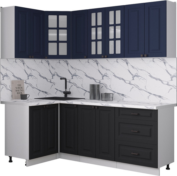 Изображение товара Кухонный гарнитур Интерлиния Мила Деко 1.2x2.1 (черный/индиго/белый гранит)