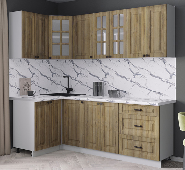 Изображение товара Кухонный гарнитур Интерлиния Мила Деко 1.2x2.2 (дуб вотан/дуб вотан/белый гранит)