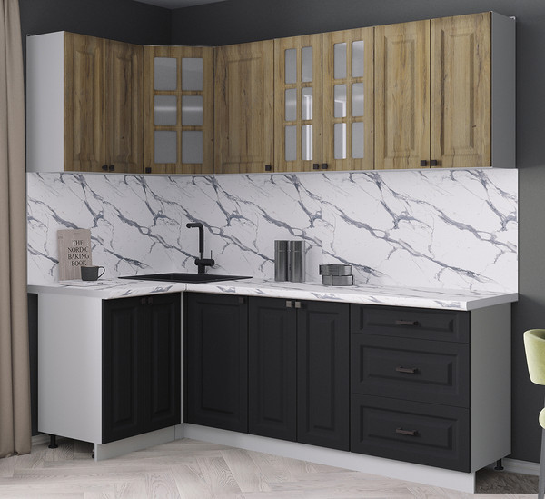 Изображение товара Кухонный гарнитур Интерлиния Мила Деко 1.2x2.2 (черный/дуб вотан/белый гранит)