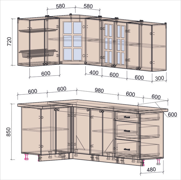 Изображение товара Кухонный гарнитур Интерлиния Мила Деко 1.2x2.2 (керамика/океан/опал светлый)