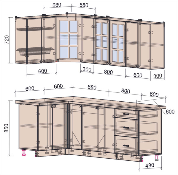 Изображение товара Кухонный гарнитур Интерлиния Мила Деко 1.2x2.3 (керамика/белый/опал светлый)