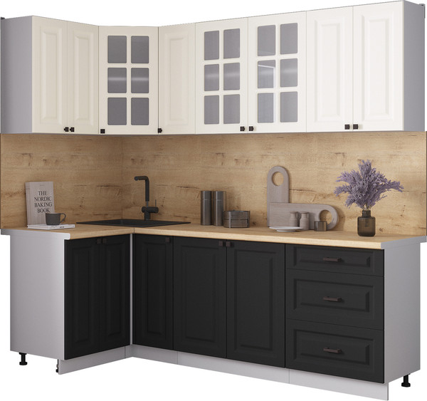 Изображение товара Кухонный гарнитур Интерлиния Мила Деко 1.2x2.3 (черный/белый/дуб бунратти)