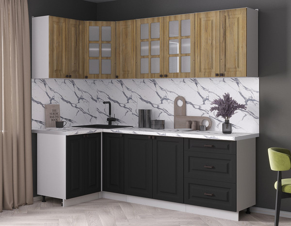 Изображение товара Кухонный гарнитур Интерлиния Мила Деко 1.2x2.3 (черный/дуб вотан/белый гранит)