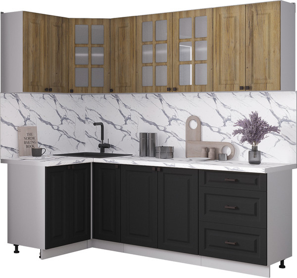Изображение товара Кухонный гарнитур Интерлиния Мила Деко 1.2x2.3 (черный/дуб вотан/белый гранит)