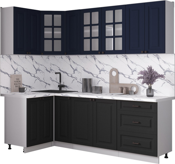 Изображение товара Кухонный гарнитур Интерлиния Мила Деко 1.2x2.3 (черный/индиго/белый гранит)