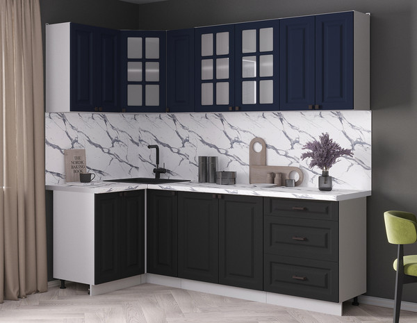 Изображение товара Кухонный гарнитур Интерлиния Мила Деко 1.2x2.3 (черный/индиго/белый гранит)
