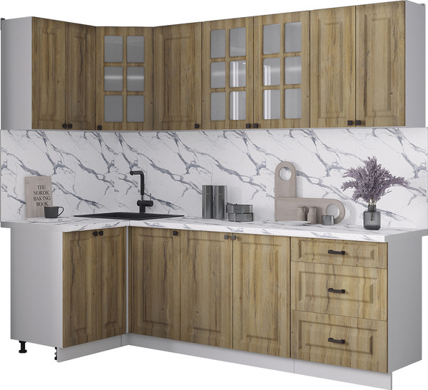 Изображение товара Кухонный гарнитур Интерлиния Мила Деко 1.2x2.4 (дуб вотан/дуб вотан/белый гранит)