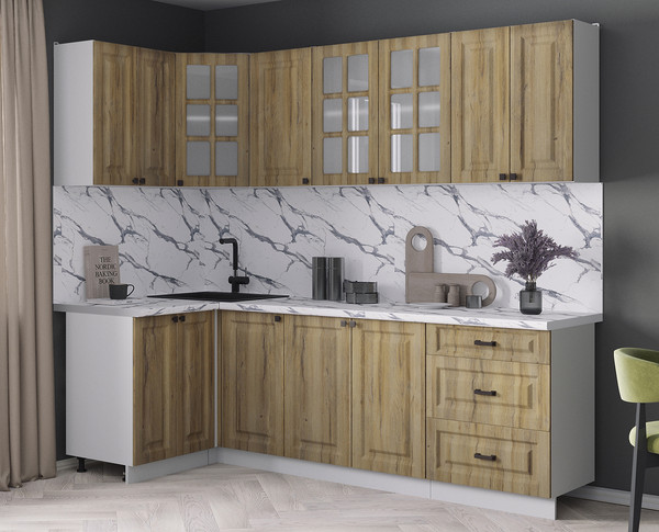 Изображение товара Кухонный гарнитур Интерлиния Мила Деко 1.2x2.4 (дуб вотан/дуб вотан/белый гранит)
