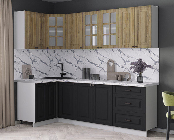 Изображение товара Кухонный гарнитур Интерлиния Мила Деко 1.2x2.4 (черный/дуб вотан/белый гранит)