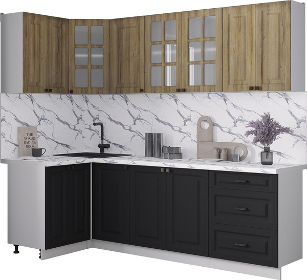 Изображение товара Кухонный гарнитур Интерлиния Мила Деко 1.2x2.4 (черный/дуб вотан/белый гранит)