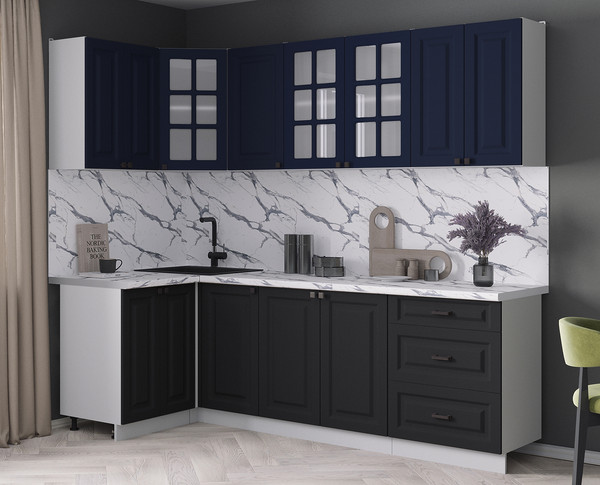 Изображение товара Кухонный гарнитур Интерлиния Мила Деко 1.2x2.4 (черный/индиго/белый гранит)