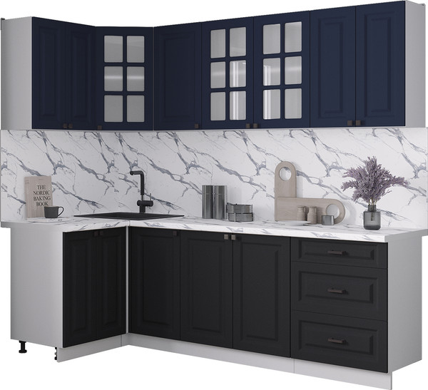 Изображение товара Кухонный гарнитур Интерлиния Мила Деко 1.2x2.4 (черный/индиго/белый гранит)