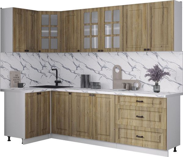 Изображение товара Кухонный гарнитур Интерлиния Мила Деко 1.2x2.6 (дуб вотан/дуб вотан/белый гранит)