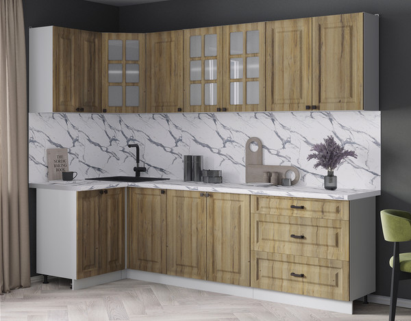 Изображение товара Кухонный гарнитур Интерлиния Мила Деко 1.2x2.6 (дуб вотан/дуб вотан/белый гранит)