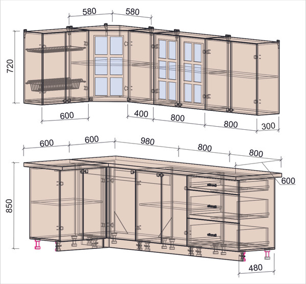 Изображение товара Кухонный гарнитур Интерлиния Мила Деко 1.2x2.6 (луна/дуб вотан/опал светлый)