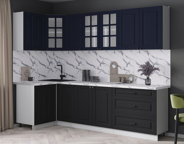 Изображение товара Кухонный гарнитур Интерлиния Мила Деко 1.2x2.6 (черный/индиго/белый гранит)