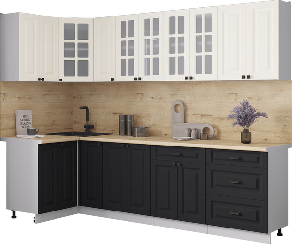 Изображение товара Кухонный гарнитур Интерлиния Мила Деко 1.2x2.7 (черный/белый/дуб бунратти)