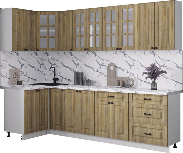Изображение товара Кухонный гарнитур Интерлиния Мила Деко 1.2x2.7 (дуб вотан/дуб вотан/белый гранит)