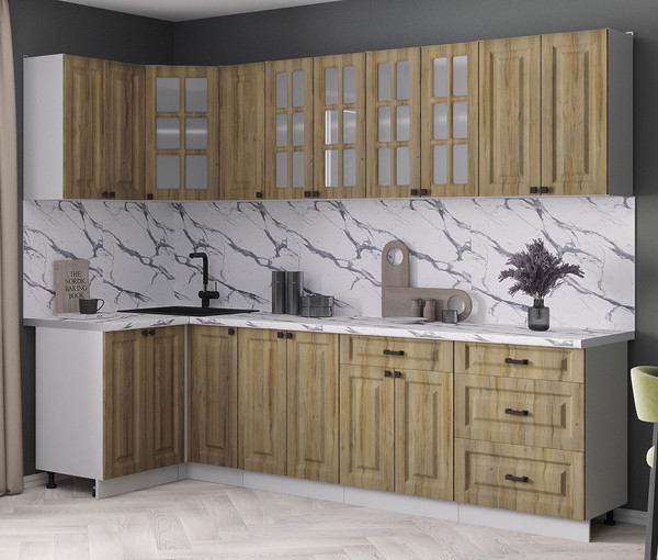 Изображение товара Кухонный гарнитур Интерлиния Мила Деко 1.2x2.7 (дуб вотан/дуб вотан/белый гранит)