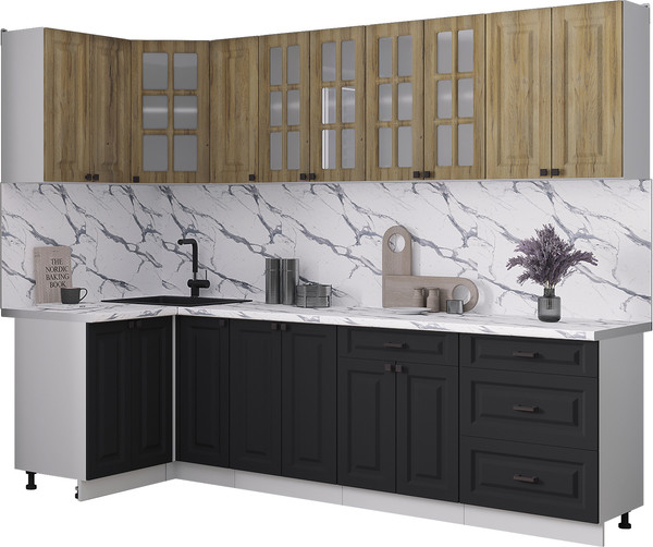 Изображение товара Кухонный гарнитур Интерлиния Мила Деко 1.2x2.7 (черный/дуб вотан/белый гранит)