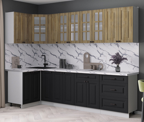 Изображение товара Кухонный гарнитур Интерлиния Мила Деко 1.2x2.7 (черный/дуб вотан/белый гранит)