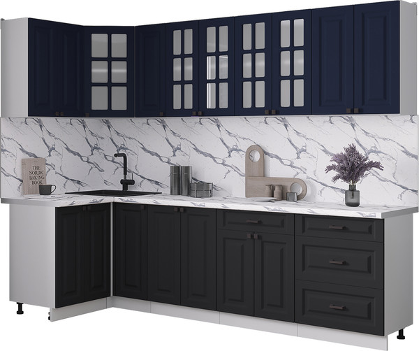 Изображение товара Кухонный гарнитур Интерлиния Мила Деко 1.2x2.7 (черный/индиго/белый гранит)