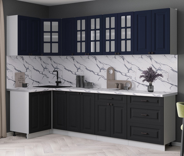 Изображение товара Кухонный гарнитур Интерлиния Мила Деко 1.2x2.7 (черный/индиго/белый гранит)