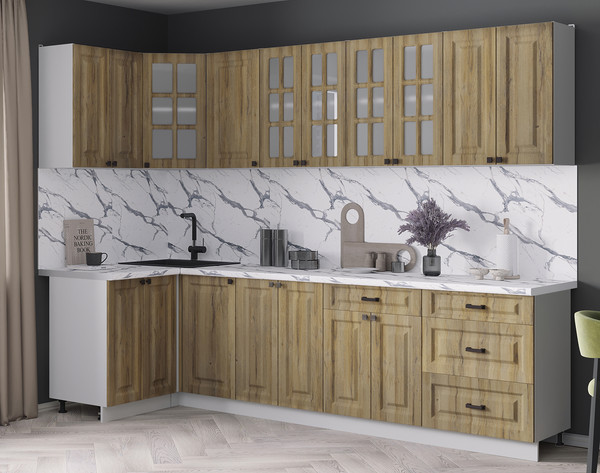 Изображение товара Кухонный гарнитур Интерлиния Мила Деко 1.2x2.8 (дуб вотан/дуб вотан/белый гранит)