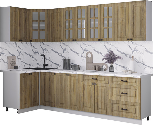 Изображение товара Кухонный гарнитур Интерлиния Мила Деко 1.2x2.8 (дуб вотан/дуб вотан/белый гранит)