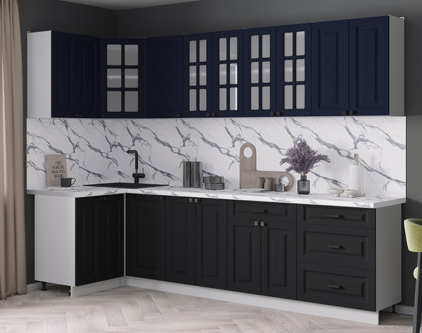 Изображение товара Кухонный гарнитур Интерлиния Мила Деко 1.2x2.8 (черный/индиго/белый гранит)