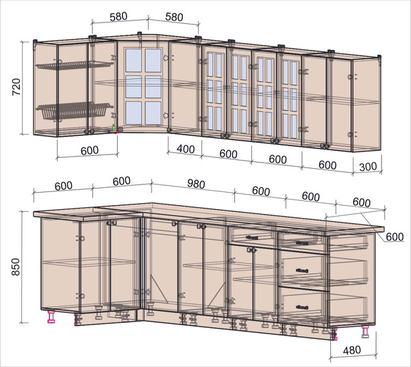 Изображение товара Кухонный гарнитур Интерлиния Мила Деко 1.2x2.8 (керамика/океан/опал светлый)