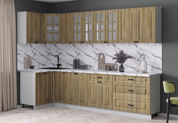 Изображение товара Кухонный гарнитур Интерлиния Мила Деко 1.2x2.9 (дуб вотан/дуб вотан/белый гранит)