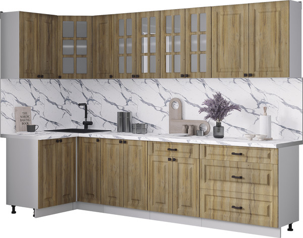 Изображение товара Кухонный гарнитур Интерлиния Мила Деко 1.2x2.9 (дуб вотан/дуб вотан/белый гранит)