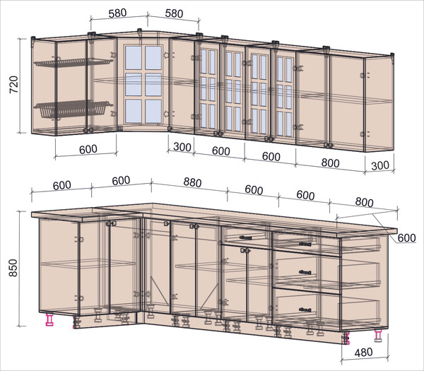 Изображение товара Кухонный гарнитур Интерлиния Мила Деко 1.2x2.9 (луна/дуб вотан/опал светлый)