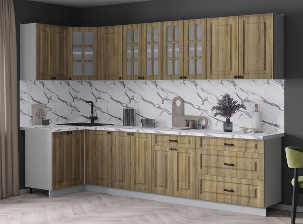 Изображение товара Кухонный гарнитур Интерлиния Мила Деко 1.2x3.0 (дуб вотан/дуб вотан/белый гранит)