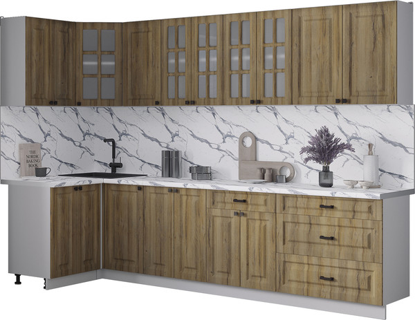 Изображение товара Кухонный гарнитур Интерлиния Мила Деко 1.2x3.0 (дуб вотан/дуб вотан/белый гранит)