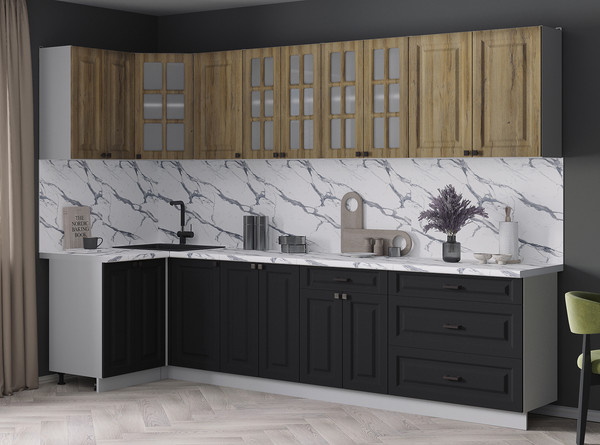 Изображение товара Кухонный гарнитур Интерлиния Мила Деко 1.2x3.0 (черный/дуб вотан/белый гранит)