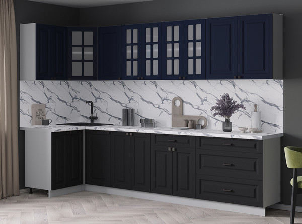 Изображение товара Кухонный гарнитур Интерлиния Мила Деко 1.2x3.0 (черный/индиго/белый гранит)