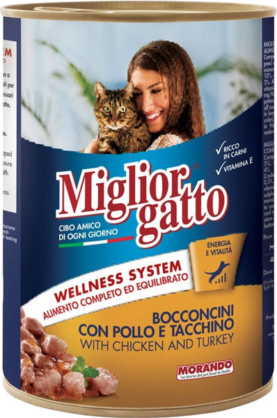 Изображение товара Влажный корм для кошек Miglior Chicken/Turkey кусочки в соусе с курицей и индейкой (405г)