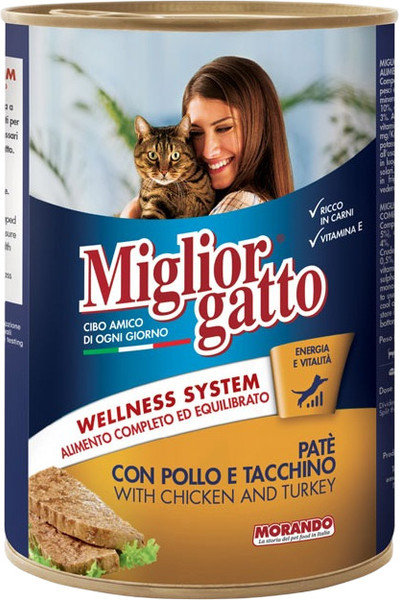 Изображение товара Влажный корм для кошек Miglior Gatto Паштет с курицей и индейкой (400г)