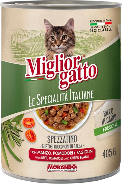 Изображение товара Влажный корм для кошек Miglior Le Specialita Italiane Кусочки в соусе говяд., помидор и фасоль (405г)